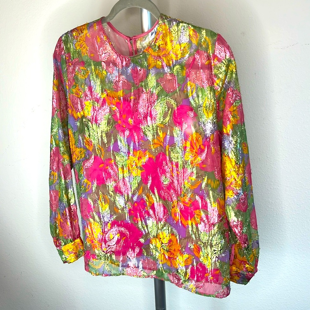 Marie Michaels vintage size 10 sheer metallic floral with tank lined long sleeve